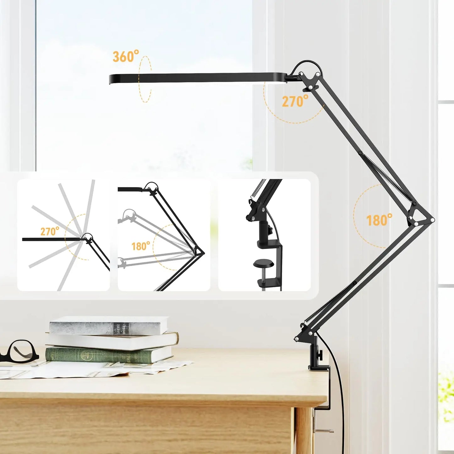 Dimmable LED Desk Lamp  with Long Arm Foldable Clamp & 3 Color Modes