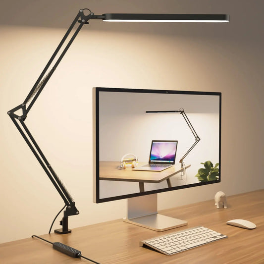 Dimmable LED Desk Lamp  with Long Arm Foldable Clamp & 3 Color Modes