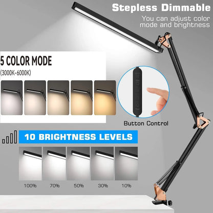 Dimmable LED Desk Lamp  with Long Arm Foldable Clamp & 3 Color Modes