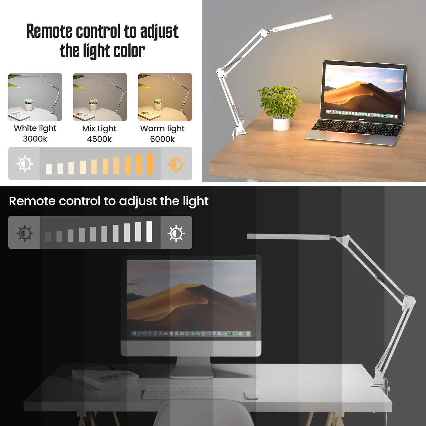 Dimmable LED Desk Lamp  with Long Arm Foldable Clamp & 3 Color Modes