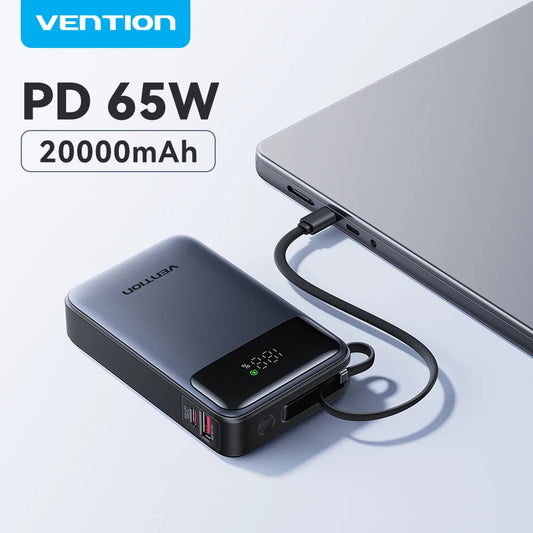 65W 20000mAh Portable Power Bank Fast Charging with Built-in USB Type-C Cable for Laptops & Phones